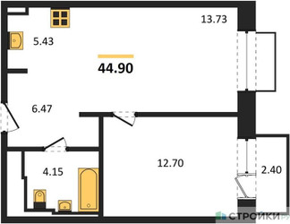 Планировка однокомнатной(квартира) площадью 44.9 квадратных метров в ЖК “ЖК Квартал Герцена”