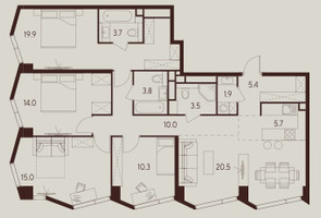 Планировка 4+ комнатной(квартира) площадью 113.7 квадратных метров в “ЖК INDY Towers (Инди Тауэрс)”