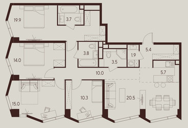 Планировка 4+ комнатной(квартира) площадью 113.7 квадратных метров в ЖК “ЖК INDY Towers (Инди Тауэрс)”