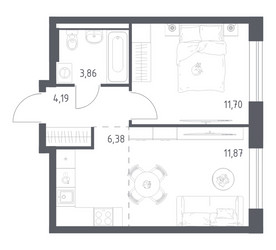 Планировка однокомнатной(квартира) площадью 38 квадратных метров в ЖК “ЖК Квартал Авиаторов”
