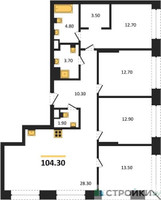 Планировка 4+ комнатной(квартира) площадью 104.3 квадратных метров в “ЖК SOUL (СОУЛ)”