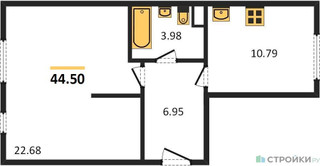 Планировка однокомнатной(апартаменты) площадью 44.5 квадратных метров в “ЖК Равновесие”