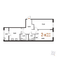 Планировка двухкомнатной(квартира) площадью 68.4 квадратных метров в “ЖК Новое Летово”