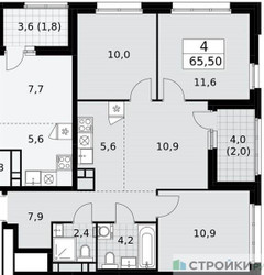 Планировка трехкомнатной(квартира) площадью 65.5 квадратных метров в “ЖК Дзен-кварталы”