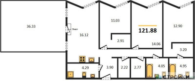 Планировка трехкомнатной(квартира) площадью 121.88 квадратных метров в ЖК “ЖК Insider (Инсайдер)”