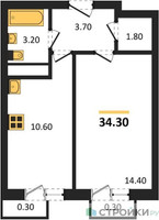 Планировка однокомнатной(квартира) площадью 34.3 квадратных метров в “ЖК Южная Долина”