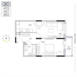 Планировка однокомнатной(квартира) площадью 45.2 квадратных метров в ЖК “ЖК Пироговская Ривьера”