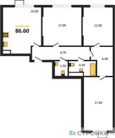 Планировка трехкомнатной(квартира) площадью 86.6 квадратных метров в “ЖК Ново-Молоково”