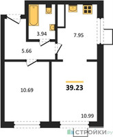Планировка однокомнатной(квартира) площадью 39.23 квадратных метров в “ЖК Новотомилино”