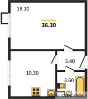 Планировка однокомнатной(квартира) площадью 36.3 квадратных метров в “ЖК ЮЖНАЯ БИТЦА”