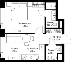 Планировка однокомнатной(квартира) площадью 36.42 квадратных метров в ЖК “ЖК Веер”