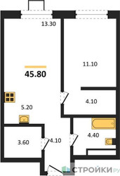 Планировка однокомнатной(квартира) площадью 45.8 квадратных метров в ЖК “ЖК Новые смыслы”