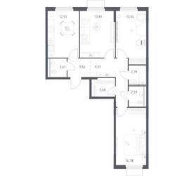 Планировка трехкомнатной(квартира) площадью 78.36 квадратных метров в ЖК “ЖК Мытищи Парк”