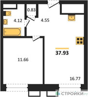 Планировка однокомнатной(квартира) площадью 37.93 квадратных метров в “ЖК Квартал Румянцево (МелиСад)”