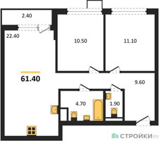 Планировка двухкомнатной(квартира) площадью 61.4 квадратных метров в “ЖК Деснаречье”