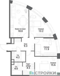 Планировка трехкомнатной(квартира) площадью 80.7 квадратных метров в ЖК “ЖК Nagatino i-Land (Нагатино ай-лэнд)”