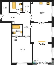 Планировка двухкомнатной(квартира) площадью 77.8 квадратных метров в ЖК “ЖК Крылатская 33”