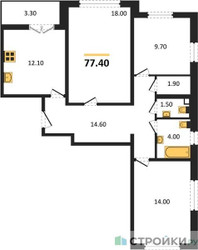 Планировка трехкомнатной(квартира) площадью 77.4 квадратных метров в ЖК “ЖК ЮЖНАЯ БИТЦА”