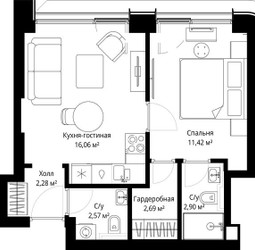 Планировка однокомнатной(квартира) площадью 37.92 квадратных метров в ЖК “ЖК Сити Бэй”
