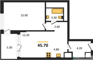 Планировка однокомнатной(квартира) площадью 45.7 квадратных метров в “ЖК VERY на Миклухо-Маклая (Вери на Миклухо-Маклая)”