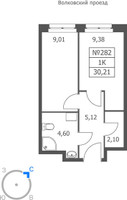 Планировка однокомнатной(апартаменты) площадью 30.21 квадратных метров в “ЖК Волковская 67”