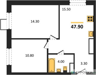 Планировка двухкомнатной(квартира) площадью 47.9 квадратных метров в ЖК “ЖК ЭкоБунино (Южное Бунино)”