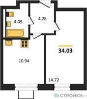 Планировка однокомнатной(квартира) площадью 34.03 квадратных метров в “ЖК Квартал Западный”