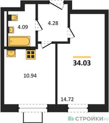 Планировка однокомнатной(квартира) площадью 34.03 квадратных метров в ЖК “ЖК Квартал Западный”