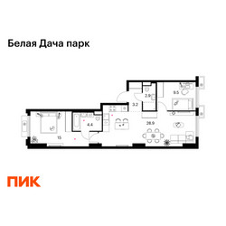 Планировка двухкомнатной(квартира) площадью 63.9 квадратных метров в ЖК “ЖК Белая Дача парк”