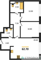 Планировка двухкомнатной(квартира) площадью 62.7 квадратных метров в “ЖК Сиреневый парк”