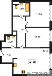 Планировка двухкомнатной(квартира) площадью 62.7 квадратных метров в ЖК “ЖК Сиреневый парк”