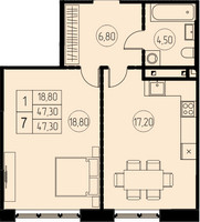 Планировка однокомнатной(квартира) площадью 47.3 квадратных метров в “ЖК 7 Небо (Седьмое Небо)”