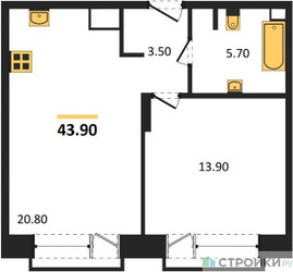 Планировка однокомнатной(квартира) площадью 43.9 квадратных метров в ЖК “ЖК The LAKE (Лэйк)”