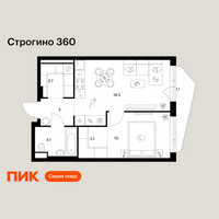 Планировка однокомнатной(квартира) площадью 43.5 квадратных метров в “ЖК Строгино 360”