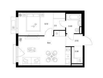 Планировка однокомнатной(квартира) площадью 39.11 квадратных метров в ЖК “ЖК Ильинские луга”