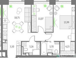 Планировка двухкомнатной(квартира) площадью 64.3 квадратных метров в “ЖК Upside Towers (Апсайд Тауэрс)”