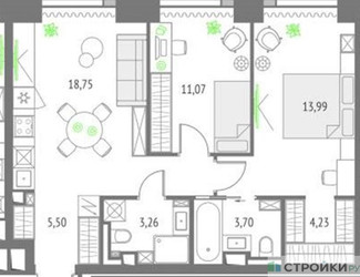 Планировка двухкомнатной(квартира) площадью 64.3 квадратных метров в ЖК “ЖК Upside Towers (Апсайд Тауэрс)”