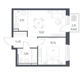 Планировка однокомнатной(квартира) площадью 37.06 квадратных метров в ЖК “ЖК Новое Видное”