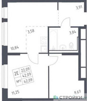 Планировка однокомнатной(квартира) площадью 42.09 квадратных метров в “ЖК Молжаниново”