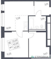 Планировка однокомнатной(квартира) площадью 42.09 квадратных метров в ЖК “ЖК Молжаниново”