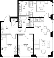 Планировка трехкомнатной(квартира) площадью 80.75 квадратных метров в “ЖК СЕТ”