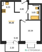 Планировка однокомнатной(квартира) площадью 35.22 квадратных метров в “ЖК Богдановский Лес”