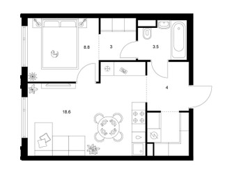 Планировка однокомнатной(квартира) площадью 41.2 квадратных метров в ЖК “ЖК Саларьево парк”