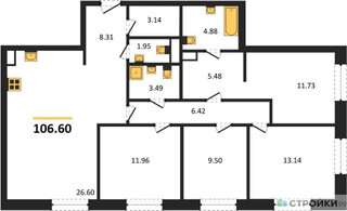 Планировка 4+ комнатной(квартира) площадью 106.6 квадратных метров в “ЖК UltimaСity (УльтимаСити)”