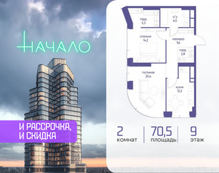Планировка двухкомнатной(квартира) площадью 70.5 квадратных метров в ЖК “ЖК Начало”