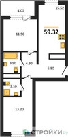 Планировка двухкомнатной(квартира) площадью 59.32 квадратных метров в “Ласточкино”