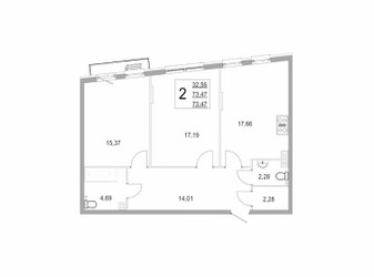 Планировка двухкомнатной(квартира) площадью 73.4 квадратных метров в ЖК “ЖК Эльйон”