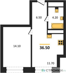 Планировка однокомнатной(квартира) площадью 36.5 квадратных метров в ЖК “ЖК Шагал”