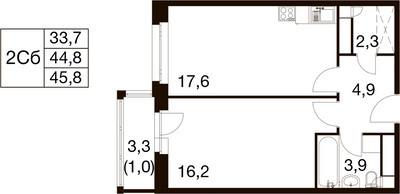 Планировка однокомнатной(квартира) площадью 44.5 квадратных метров в ЖК “ЖК Идеал”