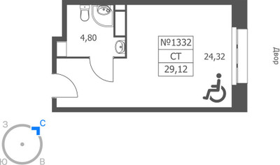 Планировка студии(апартаменты) площадью 29.12 квадратных метров в ЖК “ЖК Волковская 67”
